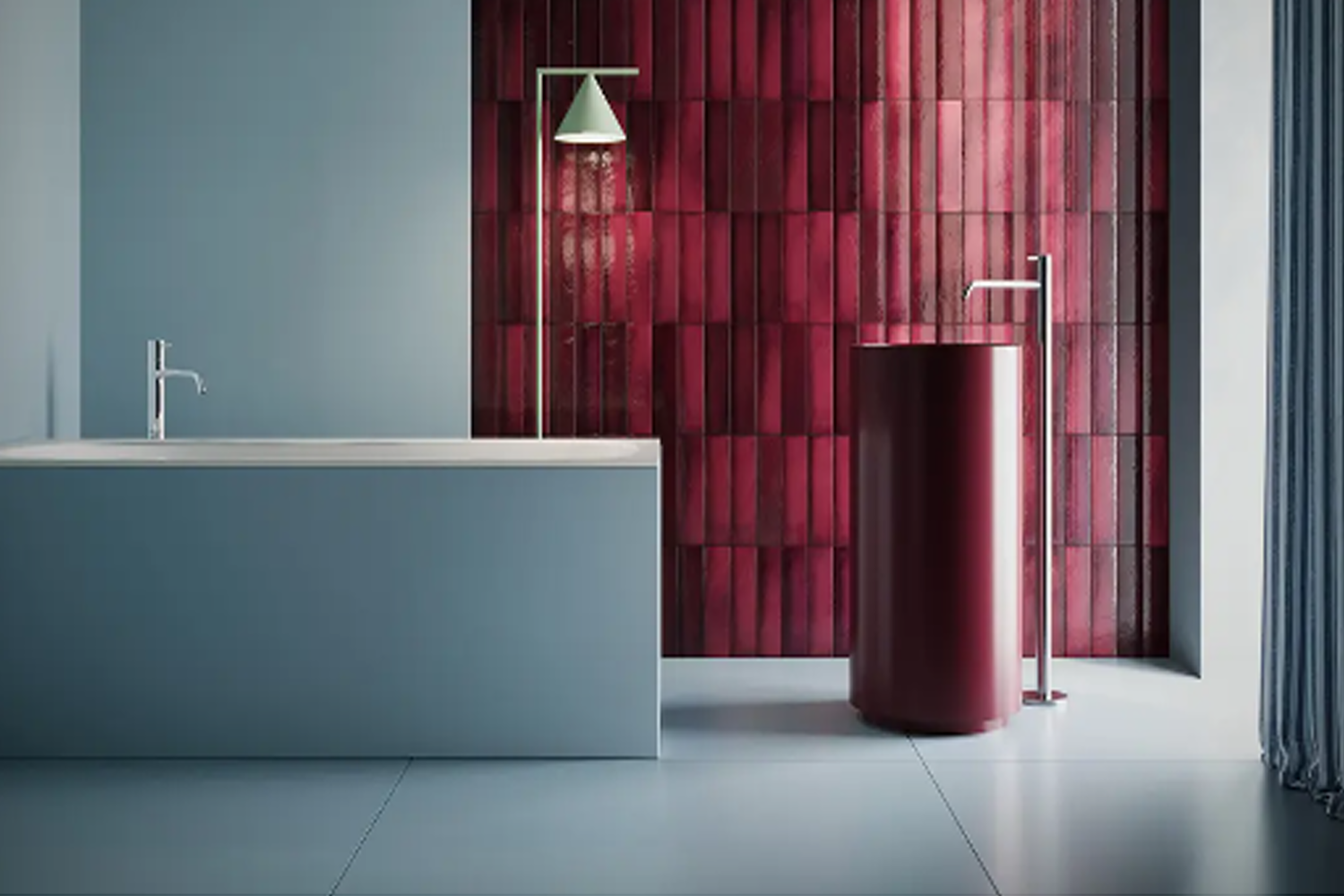 Łazienka awangardowa z bordowymi płytkami